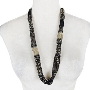 Black and White Long Seed Bead Boho Geometric Necklace